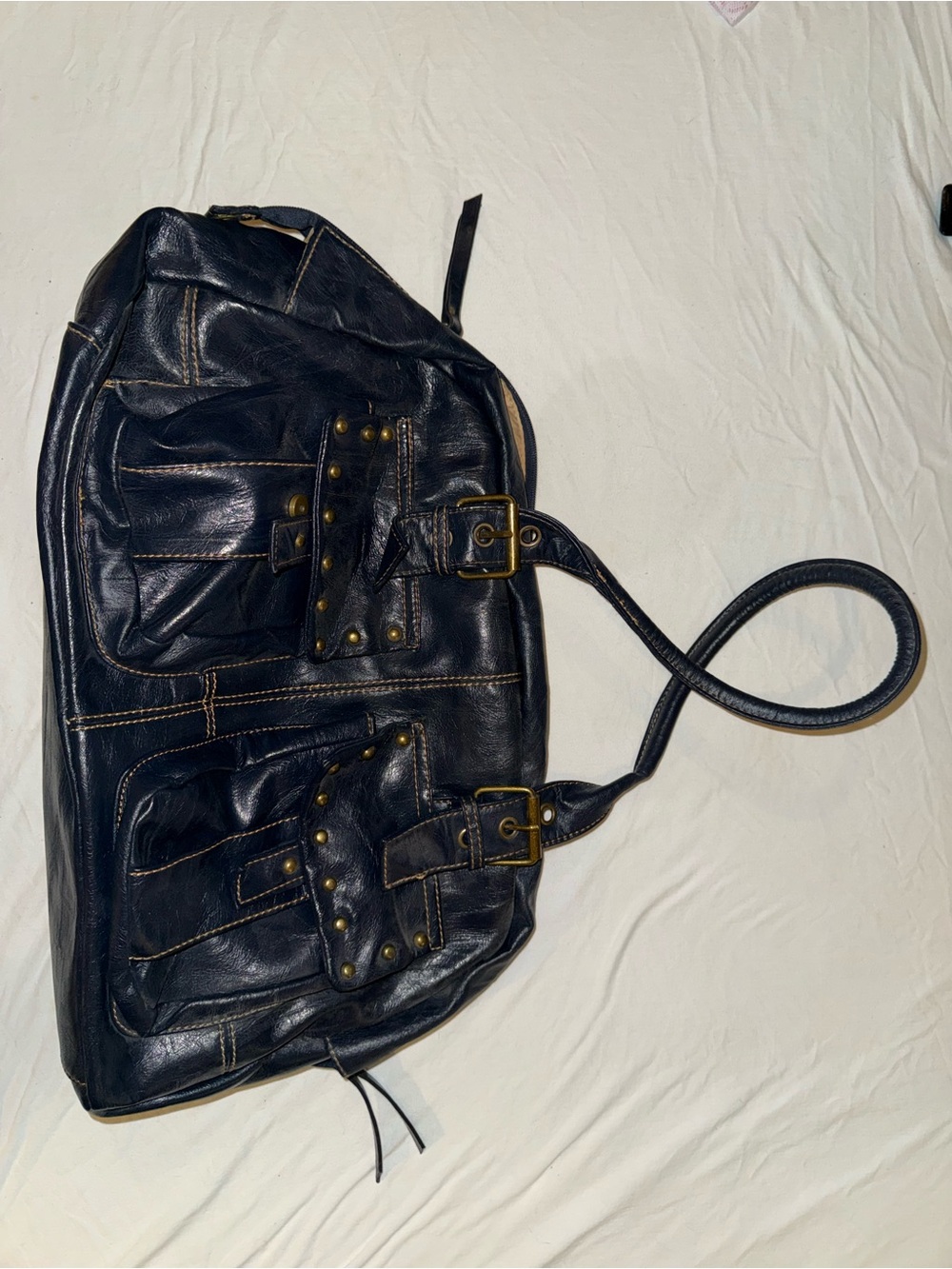Classic Black Leather Tote Bag with Brass Hardware